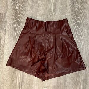 High Waist Faux Leather Shorts - Brown